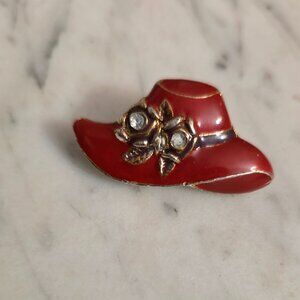 Vintage Red Enamel Hat Brooch Rhinestone Floral Accent Gold Tone Pin